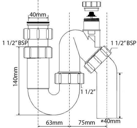 Сифон P/S-образный без выпуска вент.клапаном McAlpine (1 1/2'x40мм)  MRSK12V