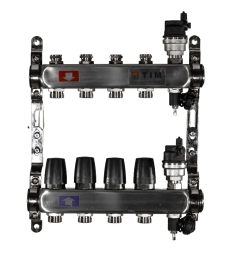 Коллекторная группа без расходомеров и кранов 1"-3/4", 4 хода , нерж, (КВАДРАТ) TIM